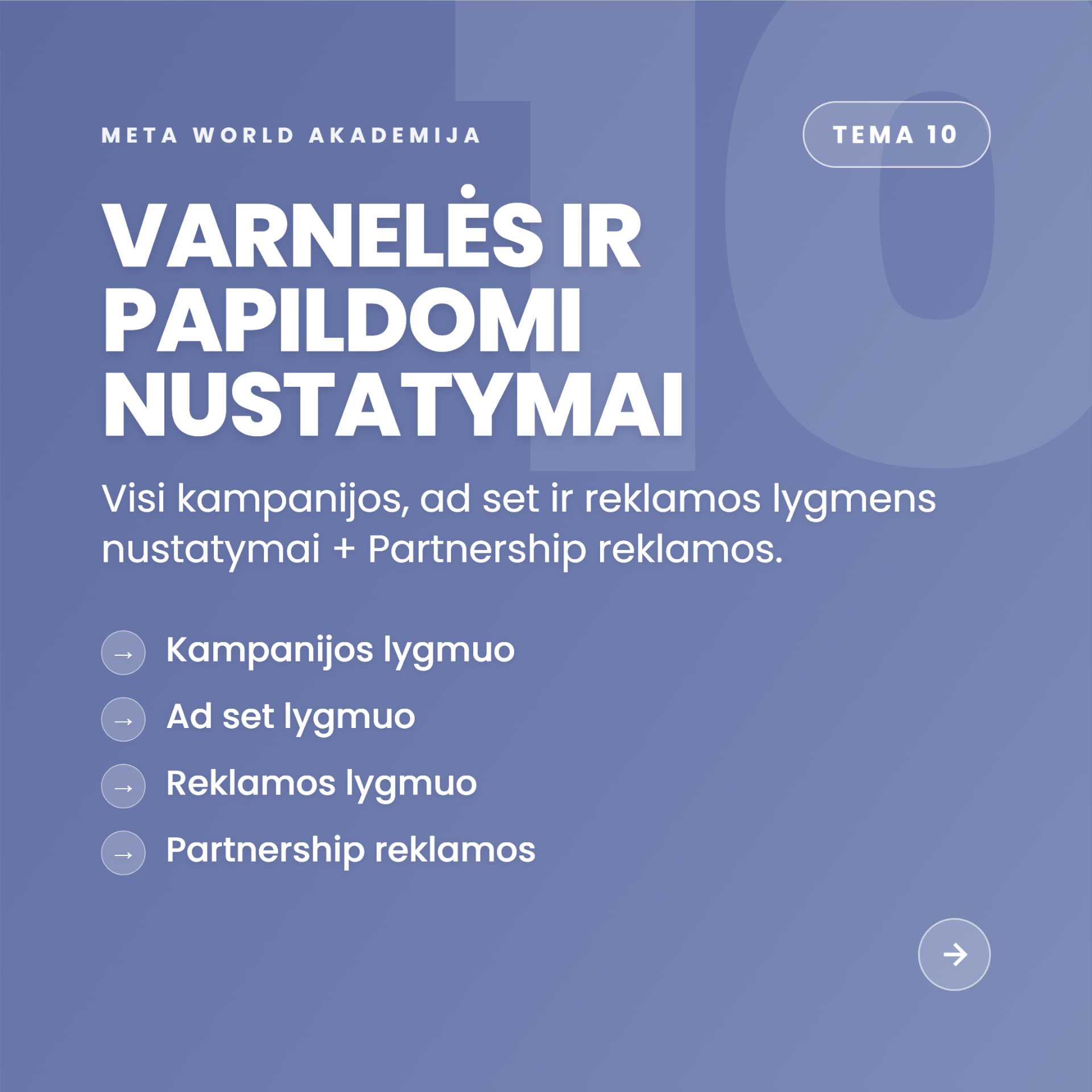 Tema 10 — Varnelės ir papildomi nustatymai + Partnership reklamos
