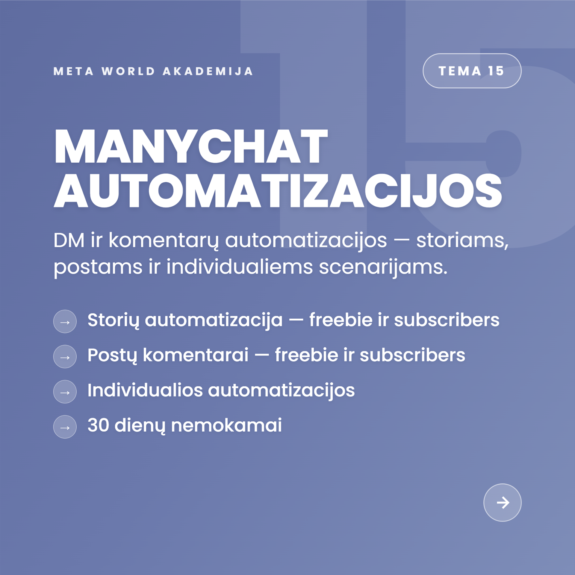 Tema 15 — ManyChat automatizacijos