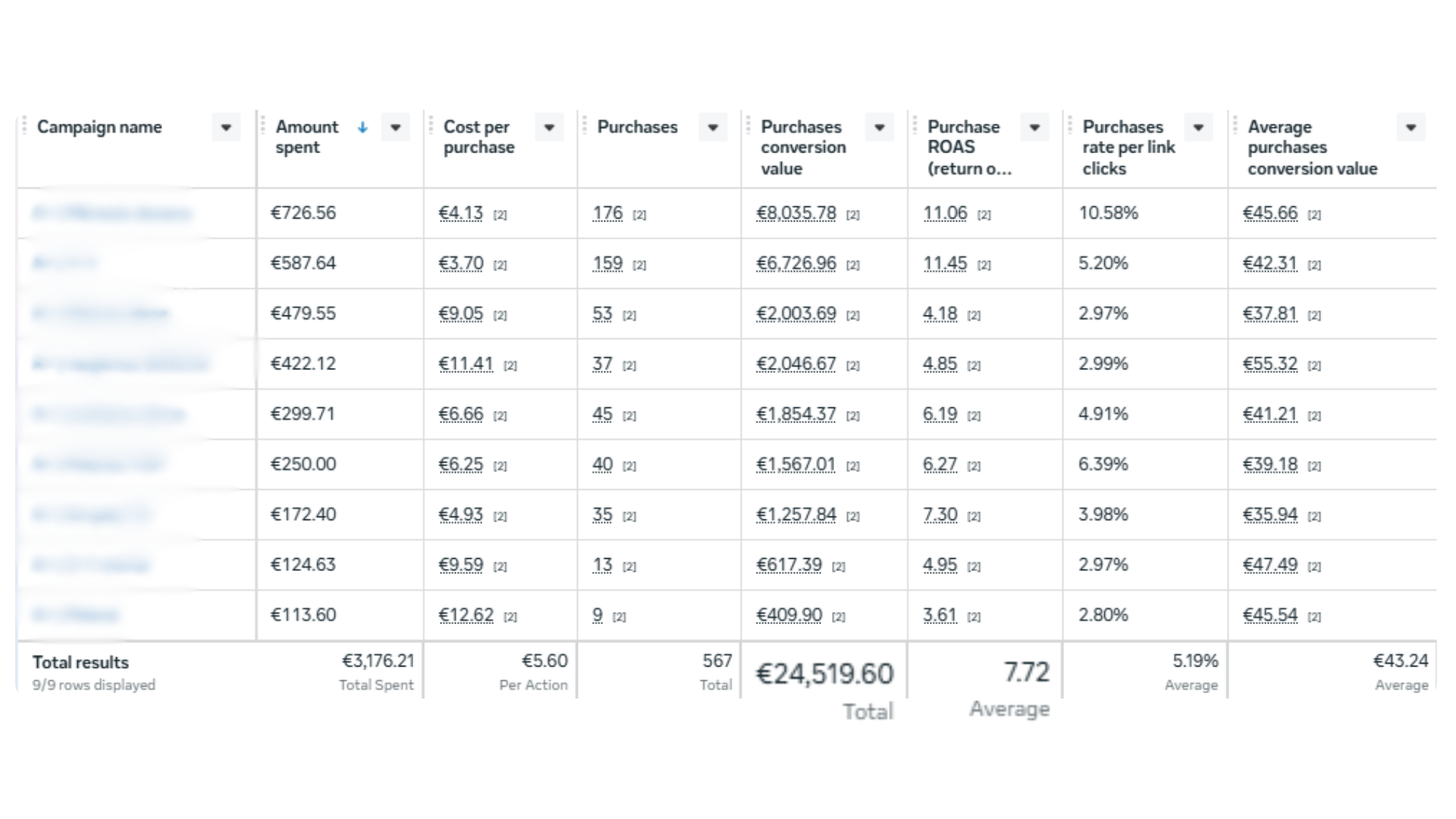 Realūs Meta Ads Manager rezultatai — €3 176,21 išleista, €24 519,60 pardavimų, 7,72 ROAS
